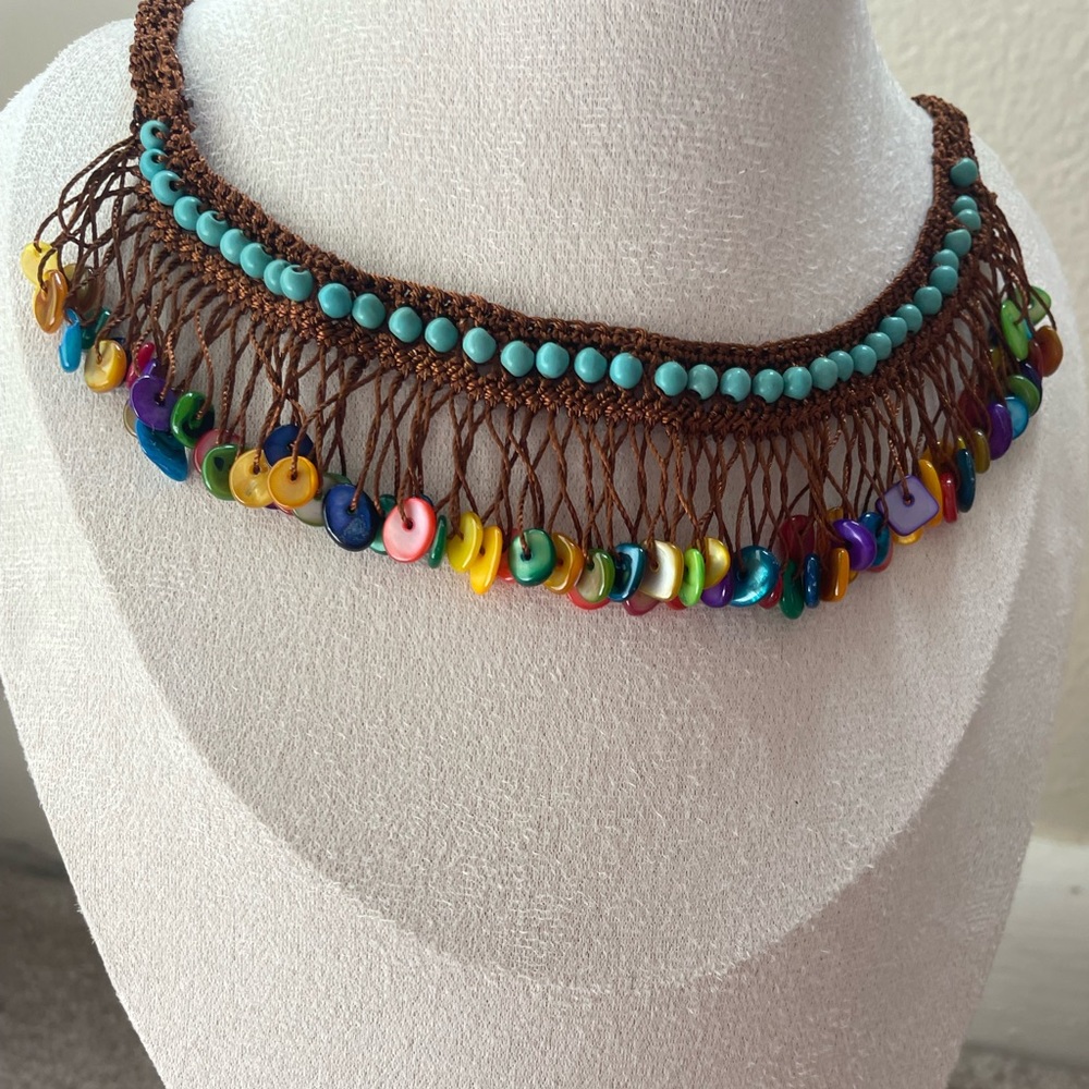 Crochet Beaded Choker, Colorful Mother of Pearl Bib Necklace, Festival Necklace